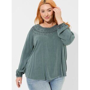 Torrid Rayon Twill Crochet Yoke Blouson Sleeve Top Women's Plus Size 1X‎